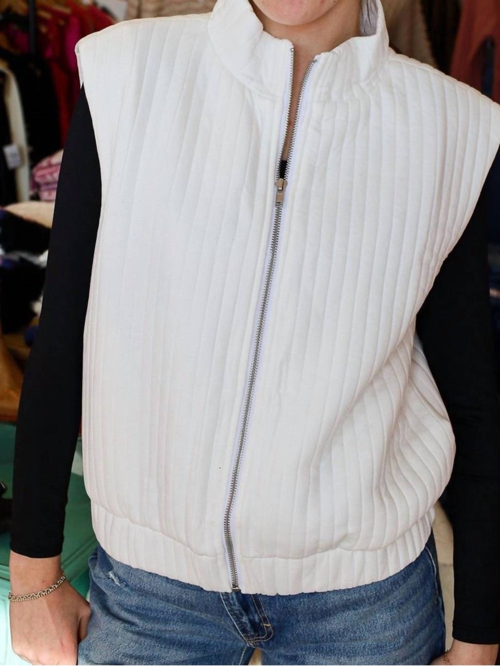 THML Cream Quilted Zip-Up Sleeveless Vest